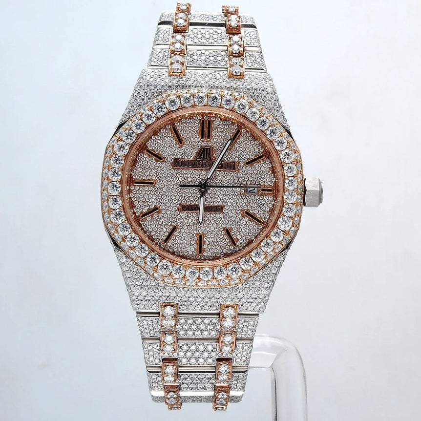 fully iced out AP moissanite watch rose gold two tone