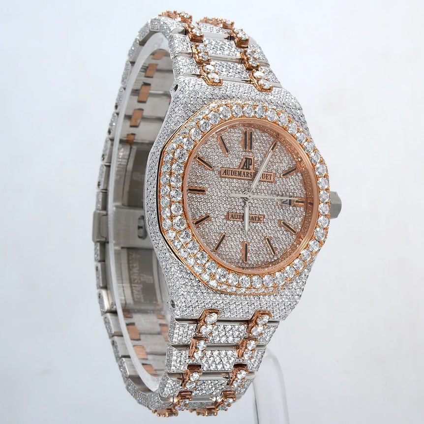 fully iced out AP moissanite watch rose gold two tone