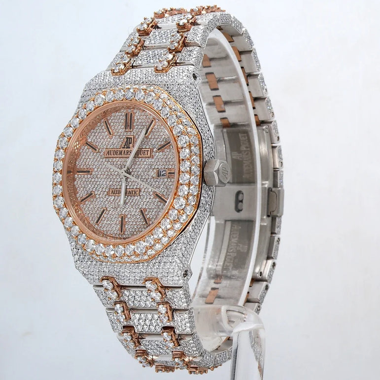 fully iced out AP moissanite watch rose gold two tone