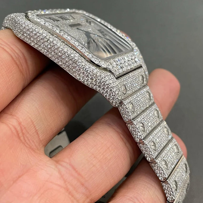 Cartier Santos fully iced out Moissanite Diamond Watch - Luxury Wristwatch