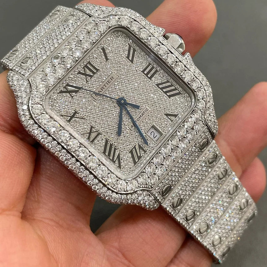 Cartier Santos fully iced out Moissanite Diamond Watch - Luxury Wristwatch