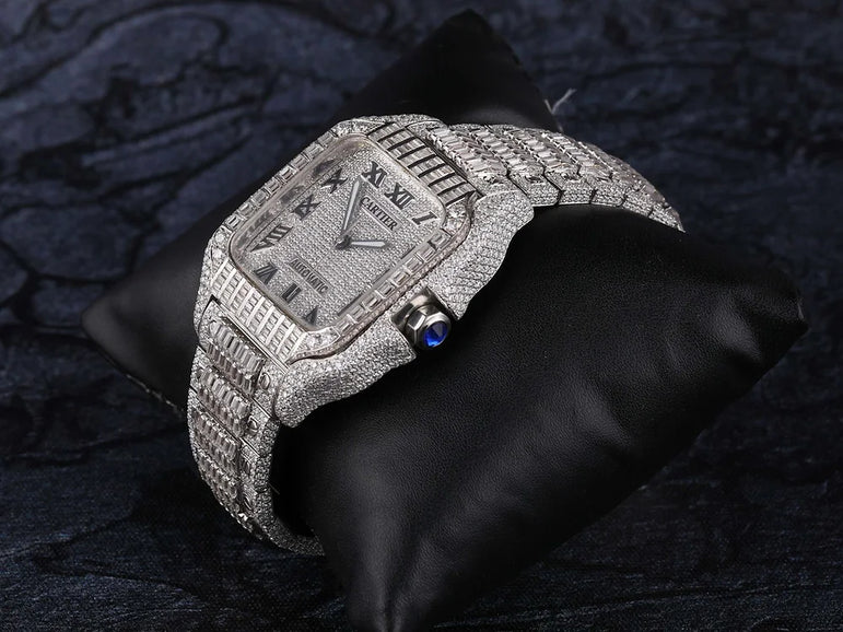 Cartier Santos fully iced out Moissanite Diamond Watch - Luxury Wristwatch