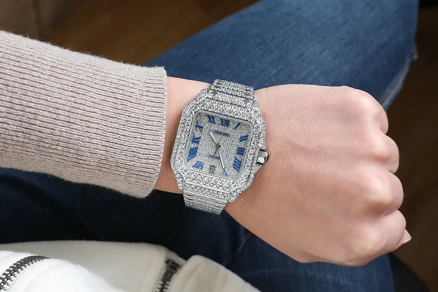 Cartier Santos fully iced out Moissanite Diamond Watch - Luxury Wristwatch