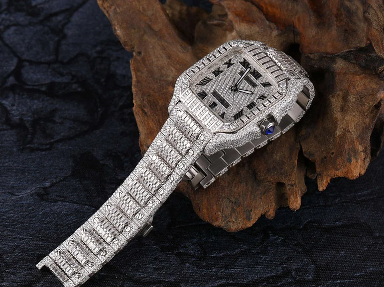 Cartier Santos fully iced out Moissanite Diamond Watch - Luxury Wristwatch