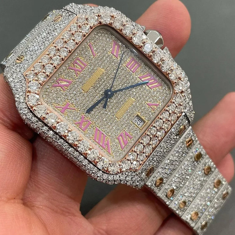 Cartier Santos fully iced out Moissanite Diamond Watch - Luxury Wristwatch