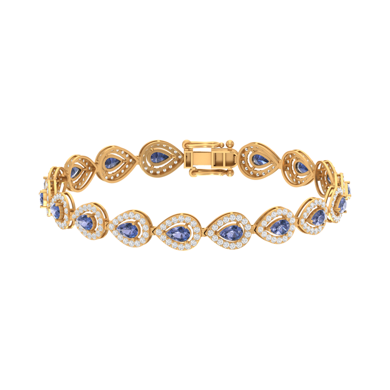 Tanzanite Pear-Halo Tennis Bracelet | 240 Diamond pcs | 3.2 Natural Diamond | 14k Gold