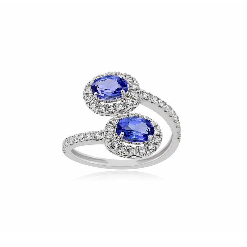 Tanzanite Asymmetrical Bypass Ring | 46 Diamond pcs | 0.54ctw Natural Diamond | 14k Gold