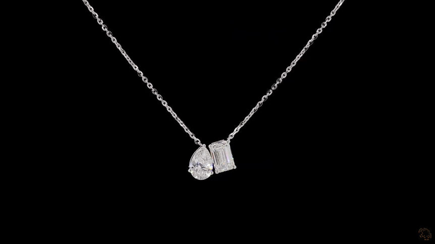 Pear-Emerald Cut Diamond Toi et Moi Pendant with Chain