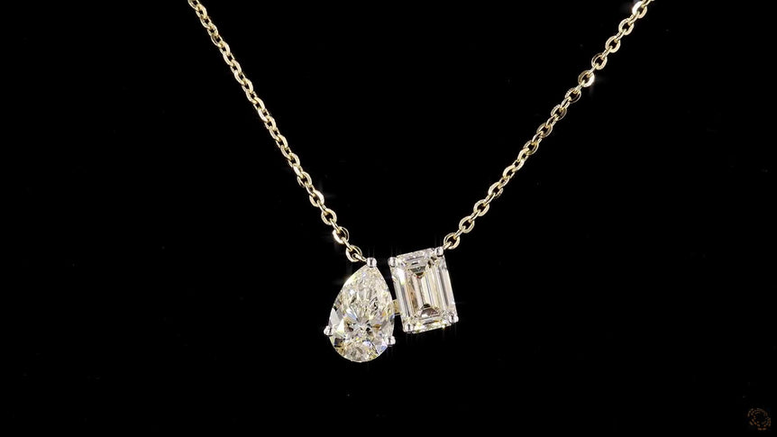 Pear-Emerald Cut Diamond Toi et Moi Pendant with Chain